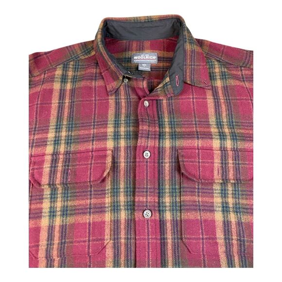 Woolrich Wool Blend Flannel Shirt Mens LARGE Yellow Red Plaid USA Pockets Button - Picture 2 of 8